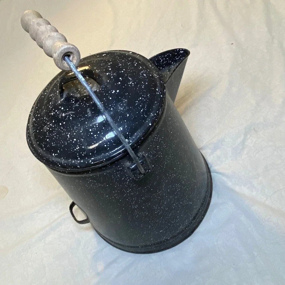Vintage Large Black Speckled Graniteware Coffee Pot Campfire Cowboy Enamelware